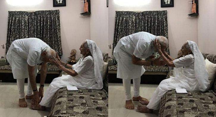 അമ്മയെ കണ്ടു, കാല്‍തൊട്ട് വന്ദിച്ച് അനുഗ്രഹം തേടി മോദി; വന്‍ സ്വീകരണമൊരുക്കി ഗുജറാത്ത്