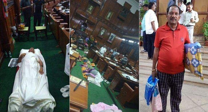 സഭയുടെ നടുത്തളത്തില്‍ നിലത്തുറങ്ങി യെദ്യൂരപ്പ, കൂടെ എംഎല്‍എമാരും; വിശ്വാസവോട്ട് വൈകിപ്പിക്കുന്നതില്‍ പ്രതിഷേധം; വിഡിയോ