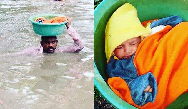 ഒന്നര കിലോമീറ്റര്‍ ദൂരം, കഴുത്തൊപ്പം വെളളത്തില്‍ പിഞ്ചുകുഞ്ഞിനെ തലയിലേറ്റി ജീവിതത്തിലേക്ക് നടന്നുകയറി പൊലീസുകാരന്‍; കയ്യടി 