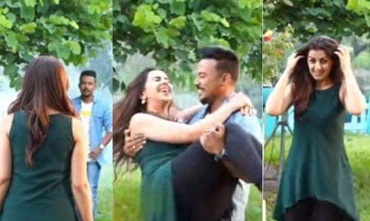 നിക്കി ​ഗൽറാണിയെ എടുത്ത് പൊക്കി കറങ്ങുന്നു; കിളി പോയി നായകനും നായികയും (വിഡിയോ) 