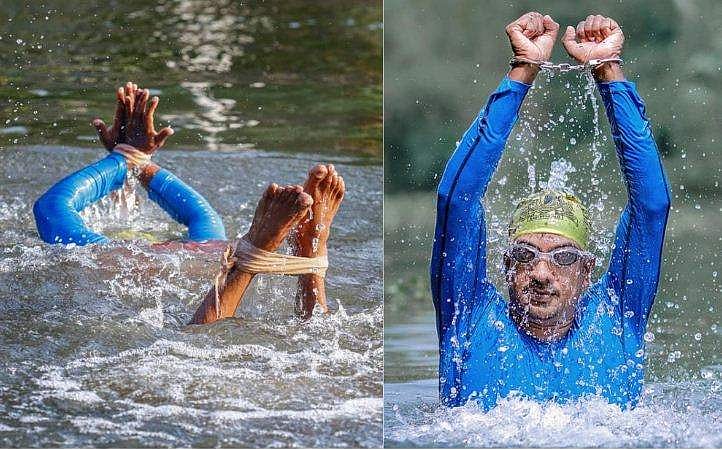 കൈകാലുകൾ കെട്ടി ഗിന്നസ് റെക്കോർഡിലേക്ക്‌ നീന്തി കയറി ഡോൾഫിൻ രതീഷ്; അഞ്ച് മണിക്കൂറിൽ താണ്ടിയത് 10 കിലോമീറ്റർ 