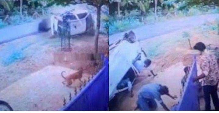 കുതിച്ചു പാഞ്ഞ കാര്‍ തലകീഴായി കരണം മറിഞ്ഞു, കാറിലുണ്ടായിരുന്ന രണ്ടുപേര്‍ തെറിച്ച് റോഡിലേക്ക്; ഞെട്ടിക്കുന്ന വീഡിയോ