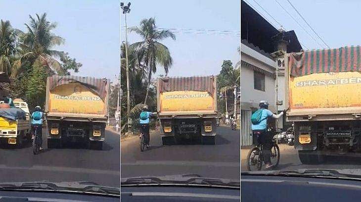 ഓടുന്ന ലോറിയിൽ പിടിച്ച് യുവാവിന്റെ സൈക്കിൾ സവാരി; അപകടം വിളിച്ചുവരുത്തുന്ന സാഹസികത (വിഡിയോ)  