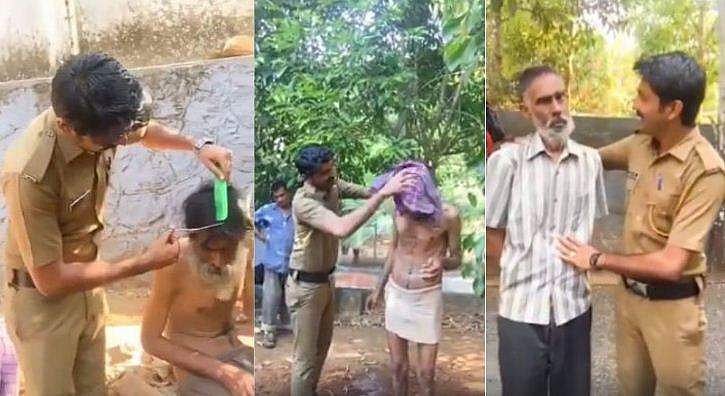 മുടിയും താടിയും വെട്ടി, കുളിപ്പിച്ചു, തെരുവില്‍ അലഞ്ഞ മനുഷ്യനോട് പൊലീസുകാരന്റെ കാരുണ്യം; വൈറലായി വിഡിയോ