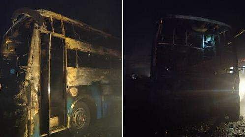 ഓടുന്ന ബസിന് തീപിടിച്ചു, രണ്ട് കുട്ടികള്‍ അടക്കം അഞ്ചുപേര്‍ വെന്തുമരിച്ചു