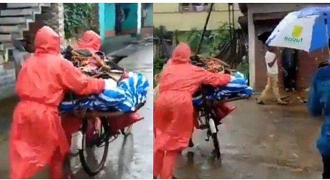 മൃതദേഹം സൈക്കിളില്‍ കെട്ടിവെച്ച് ശ്മശാനത്തിലേക്ക് ; കോവിഡ് ഭീതി മൂലം സഹായത്തിനെത്താതെ ആരോഗ്യവകുപ്പും നാട്ടുകാരും, രൂക്ഷവിമര്‍ശനം ( വീഡിയോ) 