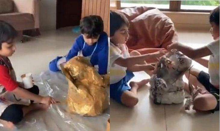 പത്രം കൊണ്ട് ഗണേശ വിഗ്രഹം ഉണ്ടാക്കി താരപുത്രന്മാര്‍, ഒപ്പം കൂടി അച്ഛന്‍ റിതേഷും; വിഡിയോ വൈറല്‍ 
