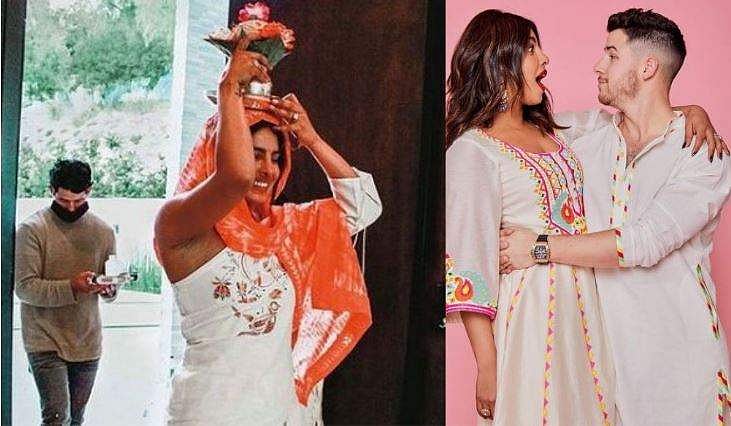 പൂര്‍ണകുംഭം തലയിലേന്തി പ്രിയങ്ക ചോപ്ര, തൊട്ടുപിന്നാലെ ജൊനാസും; വൈറലായി ചിത്രം