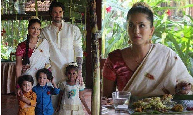 സെറ്റു സാരിയുടുത്ത് തൂശനിലയിൽ സദ്യ കഴിച്ച് സണ്ണി ലിയോണി, കൂടെ ഡാനിയേലും മക്കളും; ചിത്രങ്ങൾ