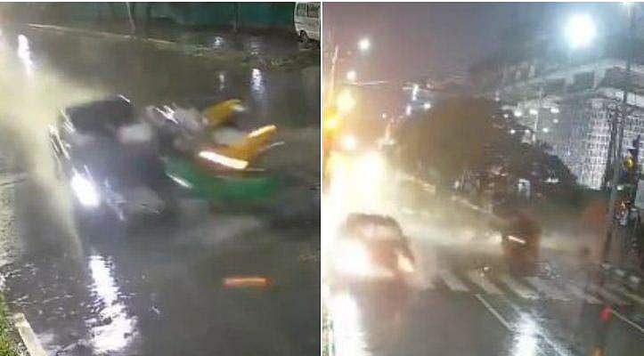 കനത്ത മഴയില്‍ കുതിച്ചുപാഞ്ഞ് ഓട്ടോറിക്ഷയെ ഇടിച്ചുതെറിപ്പിച്ച് ഓഡി കാര്‍ ; പമ്പരം പോലെ കറങ്ങി ഓട്ടോ ( വീഡിയോ)