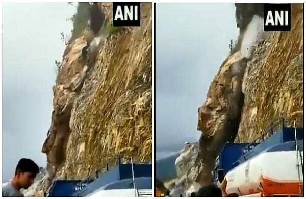 തൊട്ടടുത്ത് വാഹനങ്ങളും ജനങ്ങളും; കൂറ്റന്‍ മല ഇടിഞ്ഞുവീണു; ദേശീയപാത അടച്ചു (വീഡിയോ)