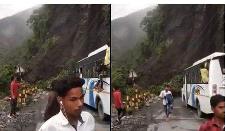 തൊട്ടുമുന്നില്‍ കൂറ്റന്‍ മല ഇടിഞ്ഞ് റോഡിലേക്ക് ; ബസില്‍ നിന്നും ജനലിലൂടെ ചാടി രക്ഷപ്പെട്ട് യാത്രക്കാര്‍ ( വീഡിയോ )