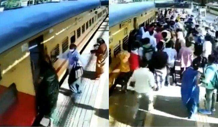 ഓടുന്ന ട്രെയിനിൽ കയറാന്‍ ശ്രമം; സ്ത്രീ കാല്‍വഴുതി പാളത്തിലേക്ക്;സാഹസികമായ രക്ഷപ്പെടുത്തല്‍, വിഡിയോ 