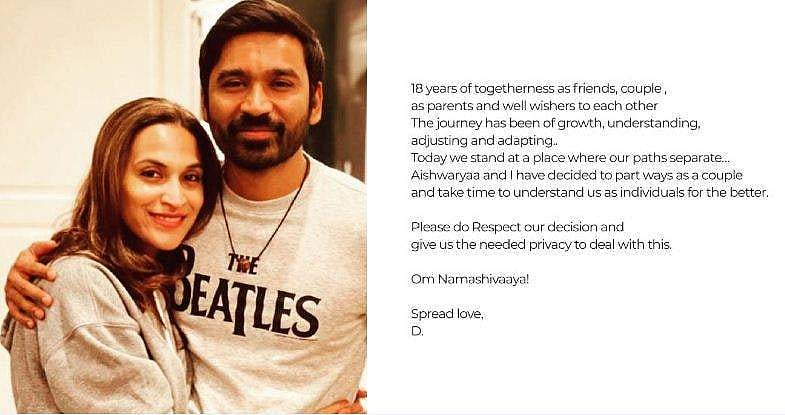18 വർഷത്തെ ദാമ്പത്യം അവസാനിപ്പിക്കുന്നു; വേർപിരിയൽ പ്രഖ്യാപിച്ച് ധനുഷും ഐശ്വര്യയും 