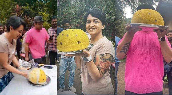 ഭീമൻ ലഡുവുമായി ലൊക്കേഷനിലെത്തി ലെന, കോടാലി ഇങ്ങെടുത്തെ എന്ന് കമന്റ്; വിഡിയോ