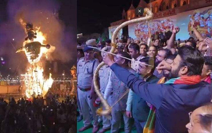 അമ്പെയ്ത് പ്രഭാസിന്റെ രാവണ നി​ഗ്രഹം, കത്തിയമർന്ന് 100 അടിയുടെ രാവണൻ; ദസറ ആഘോഷിച്ച് താരം, വിഡിയോ