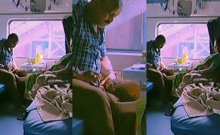 ട്രെയിന്‍ യാത്രയ്ക്കിടെ ഭാര്യയുടെ കാല്‍വിരലുകളില്‍ നെയില്‍ പോളിഷ് ഇട്ട് ഭര്‍ത്താവ്; വിഡിയോ വൈറല്‍ 