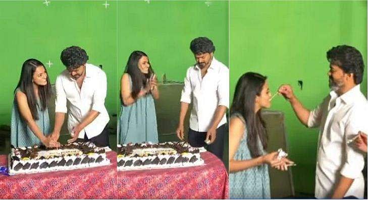 ബർത്ത്ഡേ കേക്കിന് തിരി കൊളുത്തി വിജയ്, സന്തോഷം കൊണ്ട് തുള്ളിച്ചാടി അപർണ ദാസ്; വിഡിയോ
