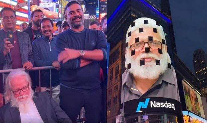 റോക്കട്രി ട്രെയ്ലർ ന്യൂയോർക്ക് ടൈംസ് സ്ക്വയറിൽ, സാക്ഷിയാവാൻ മാധവനൊപ്പം നമ്പി നാരായണനും; വിഡിയോ