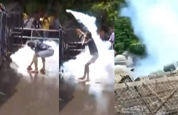 പ്രതിഷേധക്കാർക്ക് നേരെ കണ്ണീർ വാതക പ്രയോ​ഗം; തിരിച്ചെറിഞ്ഞ് യൂത്ത് കോൺ​ഗ്രസുകാരൻ, പൊലീസുകാർ ചിതറിയോടി 