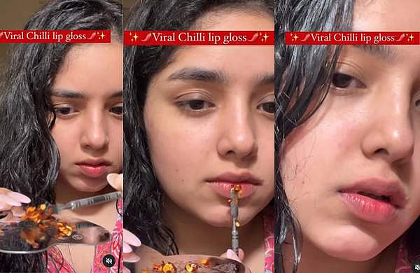 ചതച്ച മുളക് ലിപ്​ഗ്ലോസിൽ ചേർത്ത് ചുണ്ടിൽ പുരട്ടി, 'ഇനി ഇല്ല'; പണിപാളിയ വൈറൽ ഹാക്ക്, വിഡിയോ 