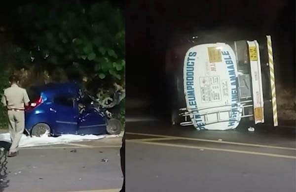 ടാങ്കർ ലോറി കാറുമായി കൂട്ടിയിടിച്ചു മറിഞ്ഞു; ഇന്ധനം മാറ്റാൻ 8 മണിക്കൂർ നീണ്ട ശ്രമം, ഒഴിവായത് വൻ ദുരന്തം 