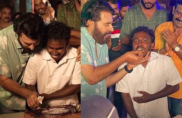നത്തിനെ ചേർത്തു പിടിച്ച് പിറന്നാൾ കേക്ക് മുറിച്ച് മമ്മൂട്ടി: ബസൂക്ക സെറ്റിലെ ആഘോഷം, വിഡിയോ