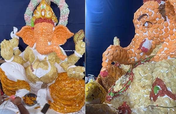 ഗണപതിയെ ഒരുക്കാന്‍ വറപൊരികള്‍! ചിപ്‌സ് കൊണ്ടലങ്കരിച്ച വിഗ്രഹം; കൗതുകമായി വിഡിയോ