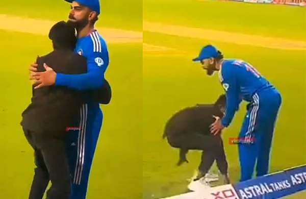ഗ്രൗണ്ടിലേക്ക് ഓടിയെത്തി കോഹ്‌ലിയുടെ കാല് പിടിച്ചു, കെട്ടിപ്പിടിച്ചു; ആരാധകന്റെ ആവേശത്തില്‍ വട്ടം ചുറ്റി സെക്യൂരിറ്റി (വീഡിയോ)