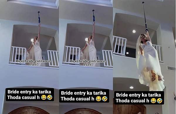 കയറിൽ തൂങ്ങി വിവാഹ വേദിയിൽ വധുവിന്റെ കിടിലൻ എൻട്രി; 'സ്‌പൈഡർ വുമൺ' എന്ന് സോഷ്യൽമീഡിയ